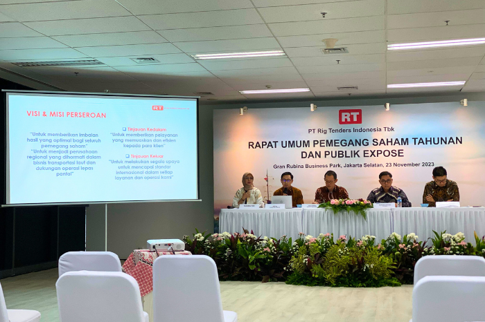 Foto: pemaparan publik yang dilakukan oleh Direktur PT Rig Tenders Indonesia Tbk, Bapak Iriawan Hartana, di Jakarta pada tanggal 23 November 2023. (Safa/infoemiten.com)